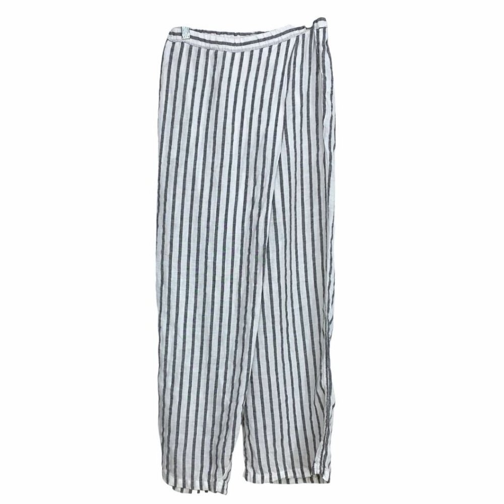 GRIZAS WHITE GREY 100% LINEN STRIPED PANELED WIDE LEG PANTS - XS